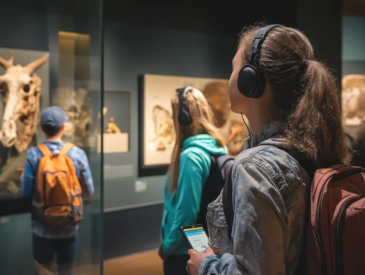 Visitatori Di Un Museo Che Ascoltano Le Audioguide Una Mostra Storica
